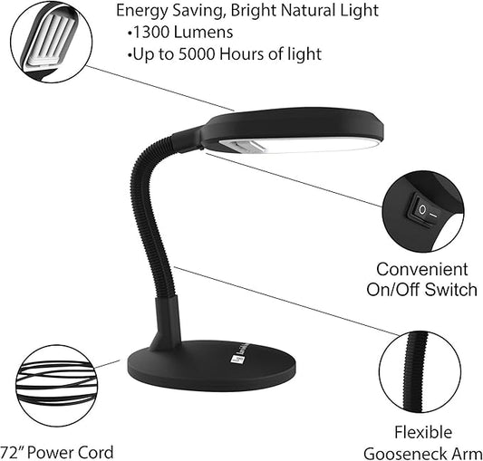 Lavish Home Desk Lamp - Natural Sunlight Lamp with Adjustable Gooseneck - Reading Light for Working, Crafting, Sewing, or Homework (Black)