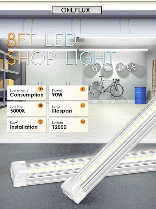 8ft LED Shop Light - 90W 12000lm 5000K, 8 Foot LED Shop Light Fixture, V Shape Bulbs for Garage, Workshop, Warehouse, Plug and Play, Energy Efficient (10 Pack)