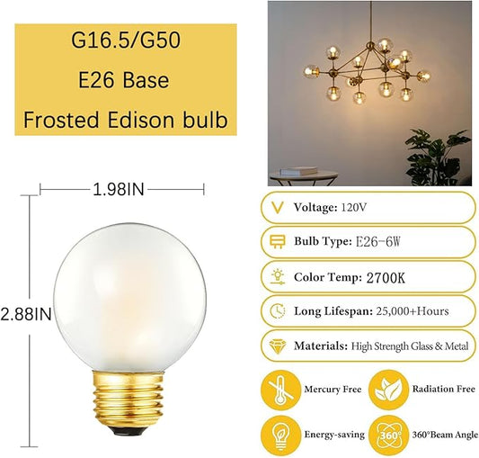 Frosted G16.5 LED Light Bulb, Dimmable Wall sconces Edison Bulb,6W (60W Equivalent), 2700K, E26 Globe Light Bulb for Ceiling Fans, Chandeliers, Vanity, G50, 6Pack (6W-2700K)