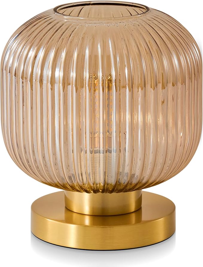Small Amber Glass Table Lamp: Mid Century Modern Dimmable Nightstand Lamps - Vintage Decor Brass Desk Lamp With Plug - Ribbed Glass Bedside Tables Lamps for Bedroom Living Room Office Bulb Excluded