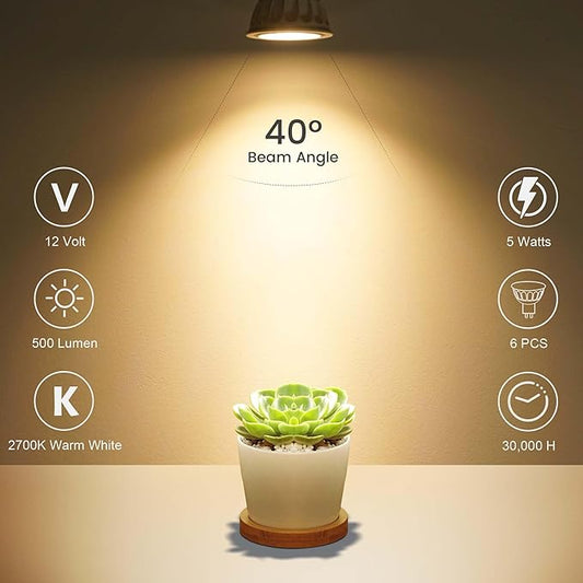 MR16 LED Bulbs, 5W(50W Halogen Equivalent) Landscape Light Bulbs, 2700K Warm White, GU5.3 Bi-Pin Base, 40° MR16 LED 12V Spotlight for Landscape Track Lighting, Non-Dimmable, 6 Pack