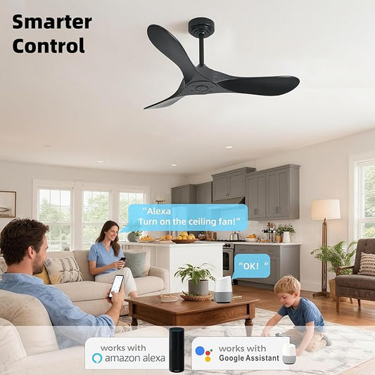 Outdoor Ceiling Fan Without Light, 42Inch Smart Ceiling Fan with Remote & Voice Control for Alexa/Google, 3-Blade Wood Fan, Quiet DC Motor, 6 Speeds for Patio, Porch, Farmhouse, Black