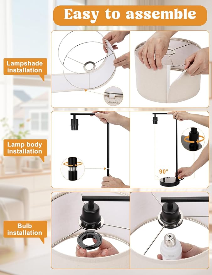 Innqoo Black Tall Table Lamp with USB Port and Outlet, Dimmable Nightstand Bedside Lamps with Linen Lampshade, Desk Lamp for Bedroom, Living Room, Guest Room, Home Office, LED Bulb Included