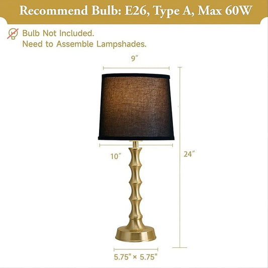24" Gold Bamboo Table Lamps Set of 2 with Black Shade, Modern Small Nightstand & End Table Lights for Bedroom & Living Room