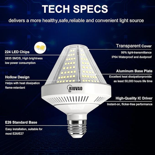6000 Lumen LED Corn Cob Light Bulb,5000K Daylight White 40 watt, 400 watt Equivalent, e26/e27 Base Garage Light Bulb, 100-277v Energy Saving LED Lights for Indoor/Outdoor, 2 Pack