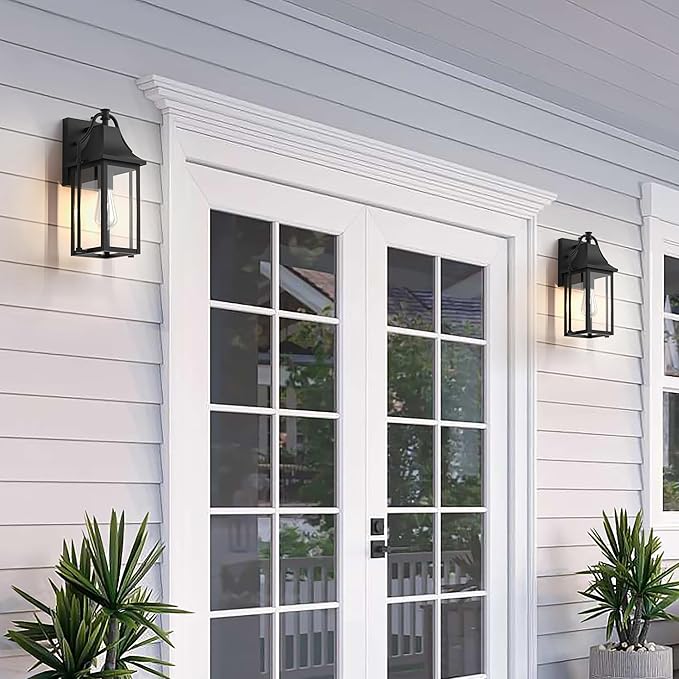 Dusk to Dawn Outdoor Wall Light, Waterproof Wall Sconces, Exterior Wall Mount Lantern Sconce with Glass, Black Patio Lanterns for House Garage Front Door, 14.8in, 1 Pcak