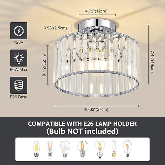 Crystal Chrome Semi Flush Mount Ceiling Light Modern Hallway Light Fixture Metal Close to Lamp for Entryway Bedroom(10.63 inch)