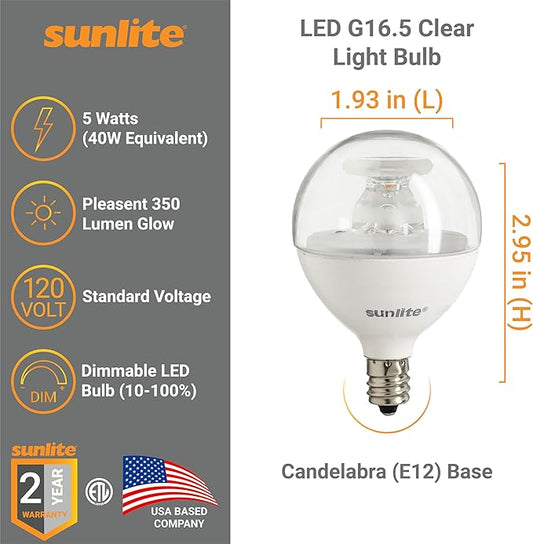 Sunlite G16.5 Light Bulb LED, 5 Watts (40W Equiv.), 350 Lumens, Dimmable, Type G Globe Shape E12 Candelabra Base, Short Bulbs, Vanity Mirror Bulbs, 3000K Warm White, Clear, 6 Count