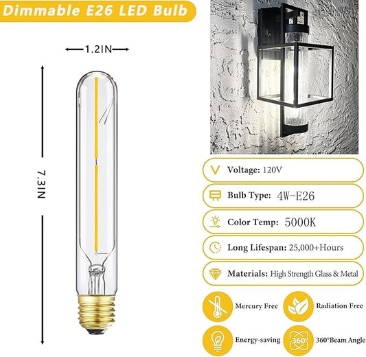 Tubular Light Bulb 7.3 Inch, Dimmable T10 LED Bulb E26 4W 40 Watts Edison Bulbs 5000k Daylight,AC120V,400LM, Long LED for Wall Sconces, Pendant, Livingroom, 4-Pack(4W-5000K)