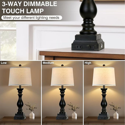 28" Farmhouse Table Lamps Set of 2 with USB C+A Ports and AC Outlet, 3 Way Touch Tall Vintage Bedside Lamp for Living Room, Black Rustic Nightstand Lamp for Bedroom Office