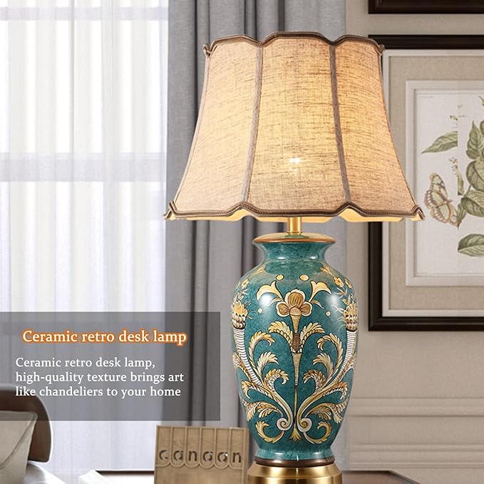 28.3” Green Tall Table Lamp chinoiserie Ceramic Table Lamp Colored Flower and Bird Decoration and Branch Bell Shade Decor Classic Traditional Bedside Desk Nightstand Lamp for Bedroom Living Room