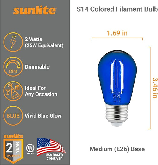 Sunlite LED S14 String Light Bulb, 2 Watts (25W Equivalent), Medium E26 Base, Party Decoration, Holiday Lighting, Transparent, Dimmable, UL Listed, Blue, 6 Count