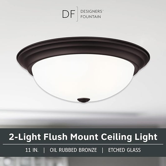DESIGNERS FOUNTAIN Reedley 2-Lights Flush Mount Ceiling Light, 11 Inch Lighting Fixture for Kitchen, Bedroom, Bathroom, and Hallway, Oil Rubbed Bronze with Etched Glass, 1257S-ORB-W