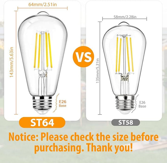 12Packs ST64 Large Vintage LED Edison Bulbs, 60W Equivalent 7W, 800Lumens, Dimmable Antique LED Filament, 3000K Warm White, E26 Medium Base Light Bulbs High Brightness Clear Glass for Bedroom Office