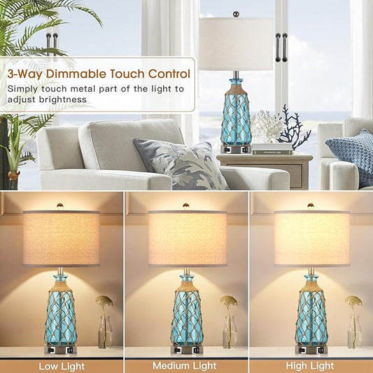 25.5" Coastal Glass Table Lamps Set of 2, 3-Way Dimmable Touch Control Bedside Lamps with 2 USB Ports and AC Outlet, Blue Nautical Nightstand Lamps for Bedroom Living Room (LED Bulbs Included)
