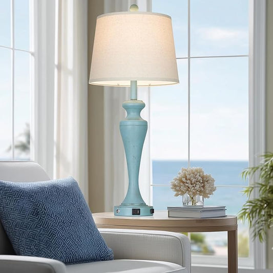 30" Blue Table Lamps Set of 2, Touch Control Coastal Living Room Lamp with USB A+C Ports and AC Outlet, 3-Way Bedside Lamps for Nightstand, Vintage Farmhouse Bedroom Lamp, 2 Bulbs Included