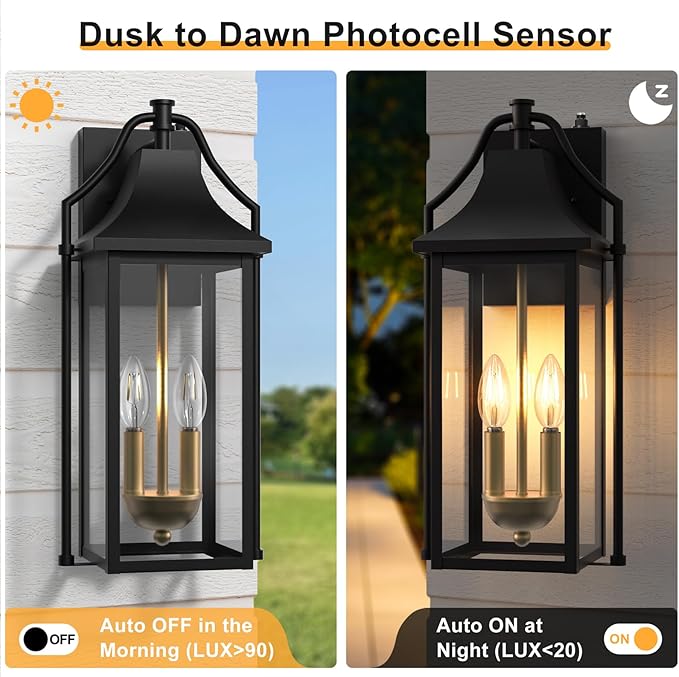 πππ°π΅ Outdoor Wall Sconce Fixture, Dusk to Dawn Patio Lights Waterproof Exterior Lanterns, 2-Light Modern Wall Lights Mounted with Glass, Black Outside Light for House Front Door Decor