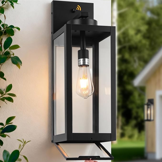 1 Pack 20" Large Dusk to Dawn Outdoor Wall Lantern with Closed Bottom - Black Outdoor Porch Lantern Wall Mounted, Waterproof Modern Outside Wall Sconce Coach Lamp for House, E26