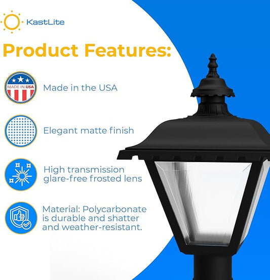 KASTLITE Black Outdoor Lamp Post Fixture - Fits 3" Light Poles for Outside Lighting - Waterproof E26 Base Lantern for Yard Patio Deck Garden Porch Mailbox Driveway & Street Lights - USA Made, Tudor