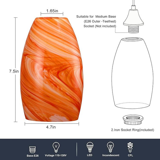 Glass Pendant Lamp Shade 4.72" Art Glass chandeliers Cover,Orange Marble Pendant Light Shade Mini Oval Light Shade Replacement Shade Only Light Fixtures for Kitchen Island pendant light