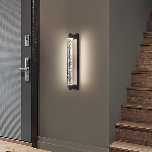Black Outdoor Wall Sconce, 23.6inch Bubble Crystal Modern Wall Mounted Lights, 3000K-6500K Dimmable Waterproof LED Exterior Lamp Lighting for Porch, Garage, Patio, Living Room, Indoor