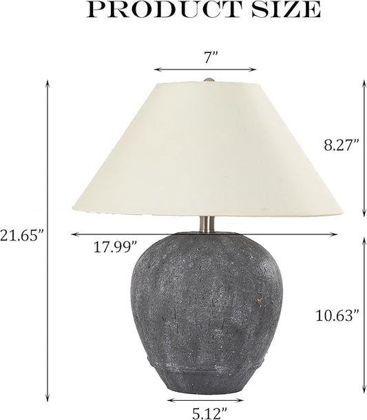 Farmhouse Ceramic Table Lamp, 21" Rustic Table Lamp with Linen Shade, 3-Way Dimmable Bedside Nightstand Lamps for Bedroom, Living Room, E26 Socket, Dark Grey