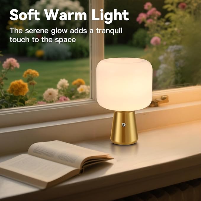 Cordless LED Table Lamp, Desk Lamp for Home Office with Battery Operated, Stepless Dimming Antique Light for Study Library, White Glass Shade, Brass
