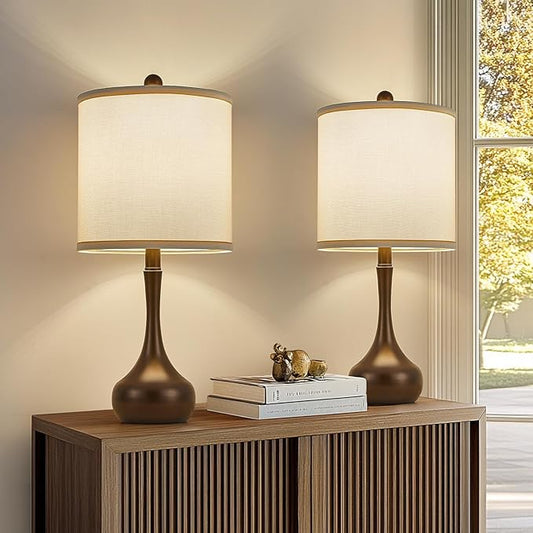 23" Farmhouse Table Lamp Set of 2, Brown Metal Modern Bedside Lamps for Living Room, 3 Color Temperature Rustic Table Lamps for Bedroom, Night Stands, Dorm,Office, Home Décor (Bulb Included)
