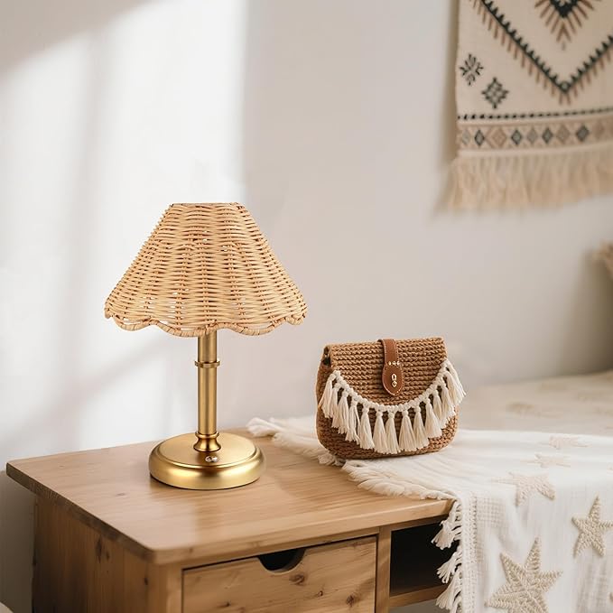 Mini Cordless Boho Rattan Table lamp, 5200-mAh Rechargeable Battery, 3-Level Brightness Dimmable, Build-in Integrated LED 320 Lumen Max, Rattan Shade, for Bedside Restaurant Dining Table