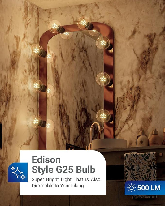Sunco 10 Pack G25 LED Light Bulbs, Filament Edison Globe, Vanity Lighting Bulb for Bathroom Bedroom, 500 LM, 5W (60W Equivalent), 3000K Warm White, Dimmable, E26 Base, Clear UL