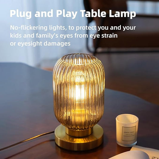 Bedside Table Lamp with Glass Shade, Small Nightlight Lamp Elegant Gray Ribbed Glass Nightstand Lamp Modern Desk Lamp with Plug-in Style for Bedroom Living Room Tabletop Dia5.9 x H9.8