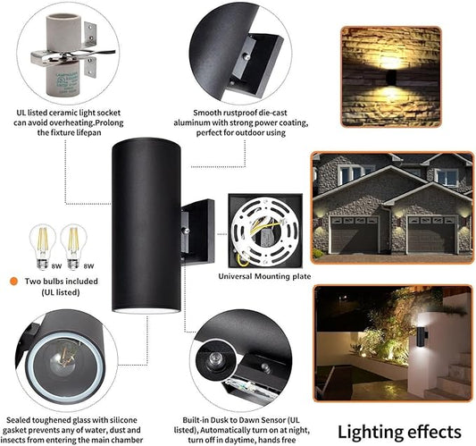 Outdoor Wall Light, Exterior Lighting with Dusk to Dawn Sensor - 2 Light Bulbs Included, Aluminum Waterproof Wall Mount Cylinder Design - Up Down Light Fixture for Porch, Backyard and Patio