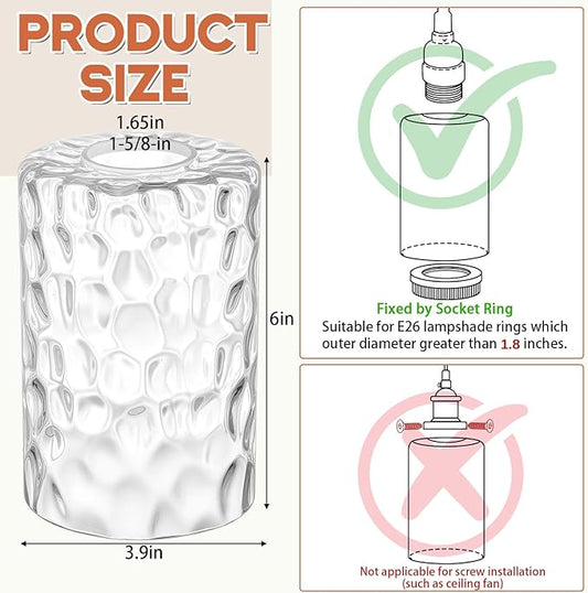 3 Pcs Clear Hammered Glass Shade Replacements for Pendant Light Fixtures Glass Lamp Shade Cover, 1-5/8 Inch Fitter E26 Base, 4"w x 6"h, Replacement Lamp Globe for Chandelier Wall Sconce