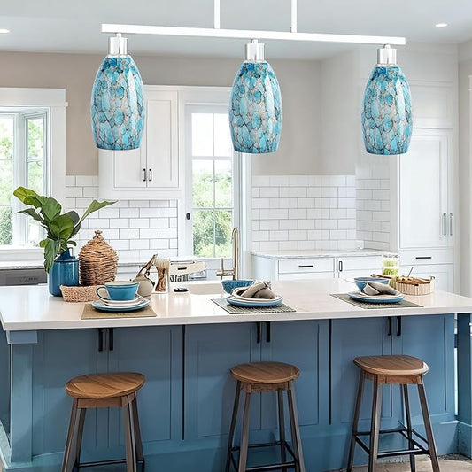 Oval Glass Lamp Shade for Pendant Lights, Blue Glass Lampshades Cover Replacement for Kitchen Island Hanging Ceiling Chandelier, 7.64x4.71" with 1.65" Fitter, Light Bulb Fixture Cover 3 Pack