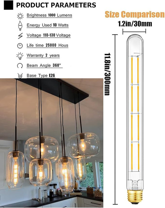 T10 Tubular Bulbs, Dimmable Led Light Bulb,E26 Medium Base,10W Equal 100 Watt,3000K Soft White Light Bulbs,T300 Long Tube Edison Bulbs 11.8in,6Pack.