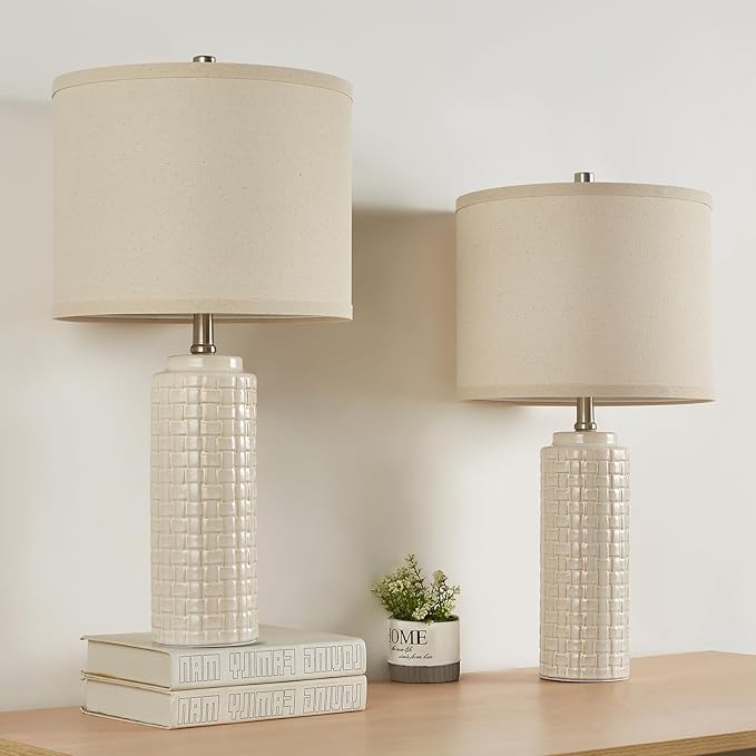 Luvkczc 24.8" Modern Ceramic Bedside Lamp Set of 2, Color Temperature&Bulbs Included - Farmhouse Nightstand Lamps for Living Room Bedroom End Table Office Entryway