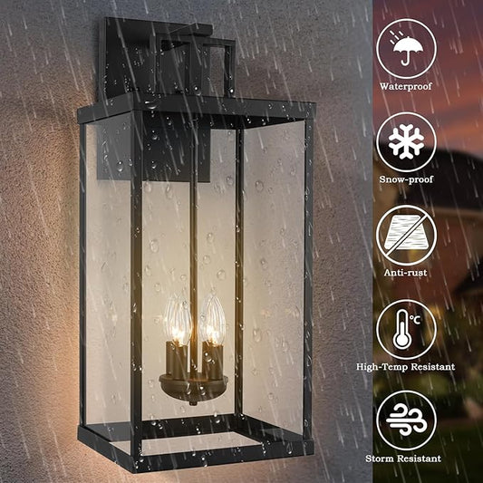 25'' Outdoor Wall Lantern, 4-Light Modern Large Exterior Wall Sconce Light Fixtures, Black Porch Light with Glass, Waterproof Outside Lighting for Patio Front Door Entryway