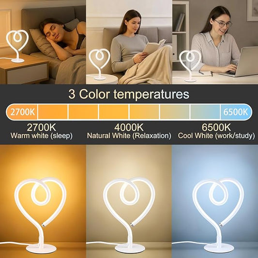 White Table Lamp – 3CCT 2700K 4000K 6500K Stepless Dimmable Heart Lamp, Touch Control Aluminum Bedside Table Lamp with USB Adapter, Small Table Lamp for Bedroom,Teen,Room,Girls Room