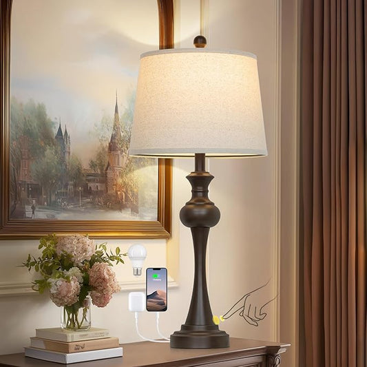 Brown Touch Table Lamps,28.75" Tall Bedside Lamps with USB C+A Ports, 3-Way Dimmable Table Lamp, Nightstand Lamps for Bedroom, Living Room,Brown Lamps with Beige Lampshade, Bulb Included