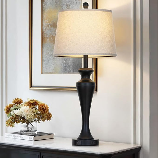 30 Inch Black Table Lamp Single, 3-Way Dimmable Touch Control Living Room Lamps with USB A+C Ports and AC Outlet, Tall Bedside Lamps for Nightstand, Modern Metal Bedroom Lamp, Bulb Included