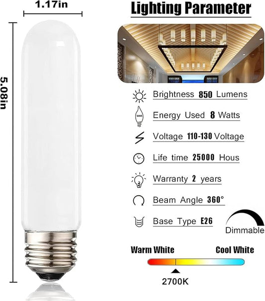 XININSUN Frosted T10 led Bulb, Dimmable T10 Frosted led Light Bulbs,8W Led Tube Bulbs, 60-75 Watt Equivalent,2700K Warm White,E26 Base Bulb for Desk Lamp,Cabinet Display...Milk White-1Pack