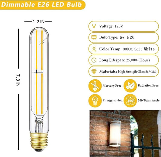 7.3 Inch T10 LED Bulb 60 Watt, Dimmable 3000K Soft White E26 Edison Bulb, AC120V 600lm,6W Tubular Long Clear Glass Light Bulb for Rustic Pendant,Island,Chandeliers,Wall sconces,4 Pack(6w-3000k)