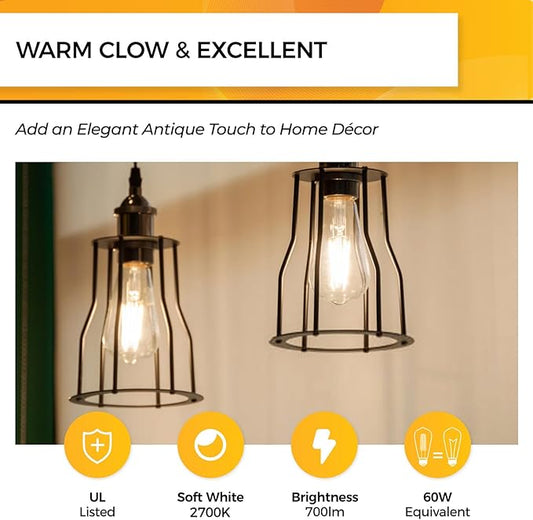 Hizashi LED Edison Bulbs Dimmable, E26 LED Bulb 60 watt, 2700K Soft Warm White, ST19 Vintage Light Bulbs, 95+CRI, UL Listed, 700LM 6W, Clear Glass, Pack of 6