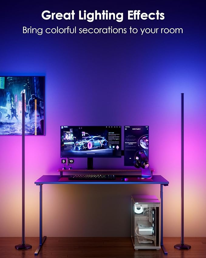 2PCS RGB+W Corner Floor Lamp, 65" Color Changing 24V LED Floor Lamp with Cool White Bluetooth APP Remote Control Music Sync Atmospheres Lamp 16 Million DIY Colors for Living Room Bedroom