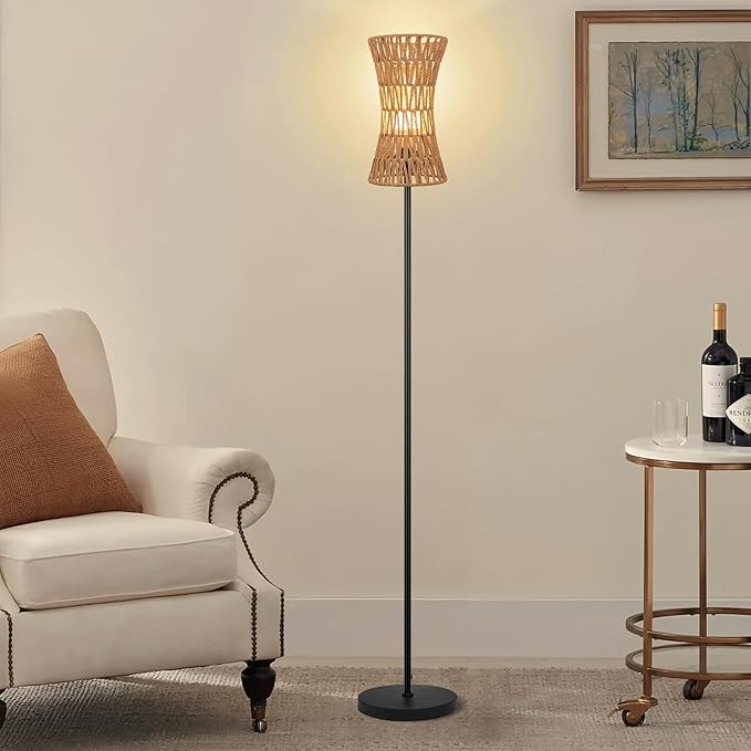 Floor Lamp for Living Room,Farmhouse Floor lamp,Modern Standing lamp with Hand-Worked Rattan Shade (Slim Waist Rattan Shade-3 Color Bulb)