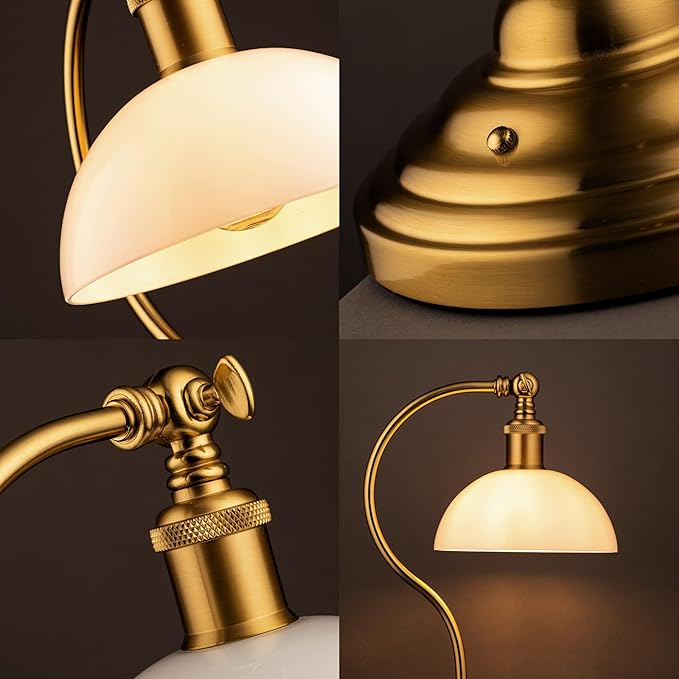 O'Bright Bankers - Cordless LED Table Lamp, Battery-Operated, Rechargeable, 3-Level Dimming, Universal USB-C Charging, 180° Swivel Head, White Jade Glass Shade, Antique Brass