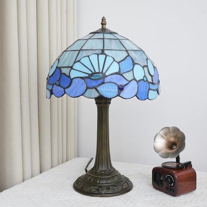 Blue Sea Style Stained Glass Table Lamps Shell Tiffany Lamp Bedroom Bedside Living Room Aesthetic Vintage Accent Farmhouse Night Light for End Table Office Nightstand End Table Desk Reding 12X19 Inch