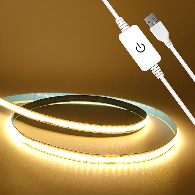 5V USB Flexible COB 3000K White LED Strip 3.28FT Bright Short for Secondary Bedroom Storage Racks