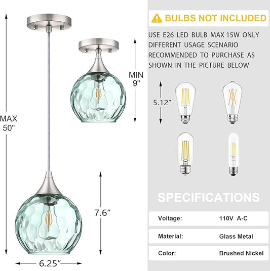 6.3" Hammer Green Glass Pendant Light 3 Pack Pendant Ceiling Light Fixtures Brushed Nickel Finish Modern Farmhouse Dinning Over Sink Adjustable Height Cord