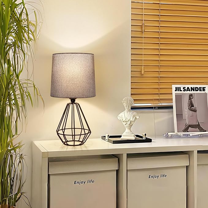 GGOYING Set of 2 Bedside Table Lamp, Black Metal Modern Lamp with Grey Fabric Shade, Simple Side Lamp for Living Room,Bedroom,Home,Office Working